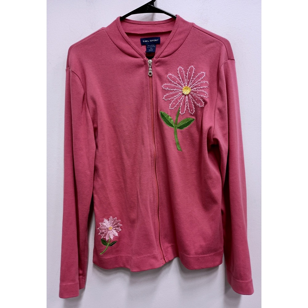 VTG SML SPORT Full Zip Sweater Womens M Pink Floral Embroidered Beaded Cottage